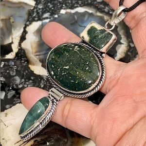 Large Dark Olive Green Cellular Jasper Pendant 3 1/2”